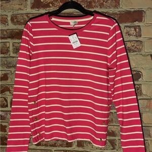 NWT J.Crew Pink Striped Long Sleeve Top Gold Button Nautical Size M